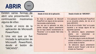 ABRIR
Existen varias formas de
abrir una presentación, a
continuación mostramos
alguna de ellas:
1. Desde el inicio de la
aplicación de Microsoft
PowerPoint.
2. Una vez que ya fue
iniciada la aplicación de
Microsoft PowerPoint,
desde el botón de
“ARCHIVO”.
Desde el inicio de la aplicación. Desde el botón de “ARCHIVO”.
o Se inicia la aplicación de Microsoft
PowerPoint con alguna de las opciones
mencionadas anteriormente.
o Una vez que la aplicación se abra,
podrás escoger alguna presentación
que se haya abierto recientemente en
“Recientes” o en la carpeta “Abrir otras
Presentaciones”.
o Si la aplicación de Microsoft PowerPoint
ya se encuentra abierta, dar clic en el
botón ARCHIVO.
o Se da clic en el botón “Abrir” en la parte
izquierda y se escoge alguna de las
siguientes opciones:
1. Se selecciona alguna presentación
abierta con anterioridad en
“Presentaciones recientes”.
2. Si se tiene alguna cuenta de Microsoft,
acceder a OneDrive y se podrá abrir un
archivo desde el internet.
3. Se selecciona alguna presentación
desde la opción “Equipo” y dar clic en
el botón de “Examinar”.
 