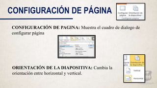 CONFIGURACIÓN DE PÁGINA
CONFIGURACIÓN DE PAGINA: Muestra el cuadro de dialogo de
configurar página
ORIENTACIÓN DE LA DIAPOSITIVA: Cambia la
orientación entre horizontal y vertical.
 