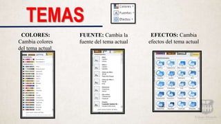 TEMAS
COLORES:
Cambia colores
del tema actual.
FUENTE: Cambia la
fuente del tema actual
EFECTOS: Cambia
efectos del tema actual
 