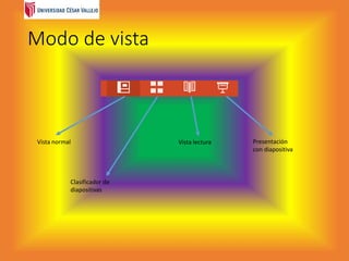 Modo de vista
Vista normal
Clasificador de
diapositivas
Presentación
con diapositiva
Vista lectura