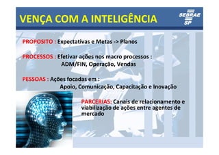 VENÇA COM A INTELIGÊNCIA
PROPOSITO : Expectativas e Metas -> Planos

PROCESSOS : Efetivar ações nos macro processos :
             ADM/FIN, Operação, Vendas

PESSOAS : Ações focadas em :
             Apoio, Comunicação, Capacitação e Inovação

                     PARCERIAS: Canais de relacionamento e
                     viabilização de ações entre agentes de
                     mercado
 