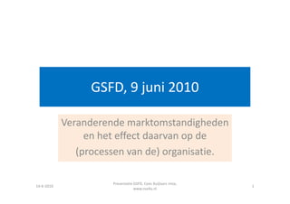 GSFD, 9 juni 2010

            Veranderende marktomstandigheden
                 en het effect daarvan op de
               (processen van de) organisatie.

                      Presentatie GSFD, Cees Kuijlaars rmia,
14-6-2010                                                      1
                                  www.sva4u.nl
 