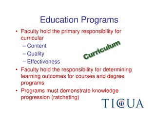 Education Programs
• Faculty hold the primary responsibility for
  curricular
   – Content
   – Quality
   – Effectiveness
• Faculty hold the responsibility for determining
  learning outcomes for courses and degree
  programs
• Programs must demonstrate knowledge
  progression (ratcheting)
 