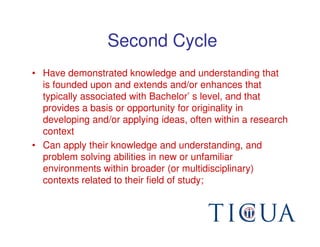 Second Cycle
• Have demonstrated knowledge and understanding that
  is founded upon and extends and/or enhances that
  typically associated with Bachelor’ s level, and that
  provides a basis or opportunity for originality in
  developing and/or applying ideas, often within a research
  context
• Can apply their knowledge and understanding, and
  problem solving abilities in new or unfamiliar
  environments within broader (or multidisciplinary)
  contexts related to their field of study;
 