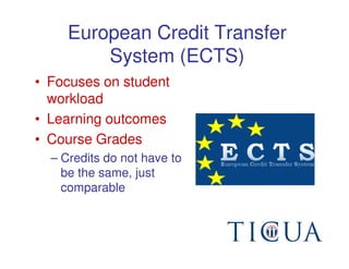European Credit Transfer
         System (ECTS)
• Focuses on student
  workload
• Learning outcomes
• Course Grades
  – Credits do not have to
    be the same, just
    comparable
 