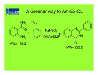 A Greener way to Am-Ex-OL

     NH2      O

        O                         N
                    NaHSO3
     NH2           DMAc/DMF           NH

MW= 136.2                         O
                              MW= 222.2
 