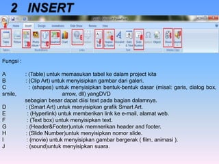 Fungsi :
A : (Table) untuk memasukan tabel ke dalam project kita
B : (Clip Art) untuk menyisipkan gambar dari galeri.
C : (shapes) untuk menyisipkan bentuk-bentuk dasar (misal: garis, dialog box,
smile, arrow, dll) yangDVD
sebagian besar dapat diisi text pada bagian dalamnya.
D : (Smart Art) untuk menyisipkan grafik Smart Art.
E : (Hyperlink) untuk memberikan link ke e-mail, alamat web.
F : (Text box) untuk menyisipkan text.
G : (Header&Footer)untuk memnerikan header and footer.
H : (ݺߣ Number)untuk menyisipkan nomor slide.
I : (movie) untuk menyisipkan gambar bergerak ( film, animasi ).
J : (sound)untuk menyisipkan suara.
 