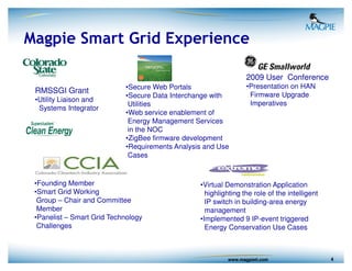 Magpie Smart Grid Experience

                                                                 2009 User Conference
                            •Secure Web Portals                  •Presentation on HAN
 RMSSGI Grant                                                     Firmware Upgrade
                            •Secure Data Interchange with
 •Utility Liaison and
                             Utilities                            Imperatives
  Systems Integrator
                            •Web service enablement of
                             Energy Management Services
                             in the NOC
                            •ZigBee firmware development
                            •Requirements Analysis and Use
                             Cases


 •Founding Member                                •Virtual Demonstration Application
 •Smart Grid Working                               highlighting the role of the intelligent
  Group – Chair and Committee                      IP switch in building-area energy
  Member                                           management
 •Panelist – Smart Grid Technology               •Implemented 9 IP-event triggered
  Challenges                                       Energy Conservation Use Cases



                                                          www.magpieti.com                    4
 