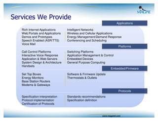 Services We Provide
                                                                      Applications

   Rich Internet Applications     Intelligent Networks
   Web Portals and Applications   Wireless and Cellular Applications
   Demos and Prototypes           Energy Management/Demand Response
   Speech Enabled (ASR/TTS)       Conferencing and Scheduling
   Voice Mail
                                                                        Platforms
   Call Control Platforms         Switching Platforms
   Interactive Voice Response     Application Management & Control
   Application & Web Servers      Embedded Devices
   System Design & Architecture   General Purpose Computing
   Handsets
                                                                 Embedded/Firmware
   Set Top Boxes                  Software & Firmware Update
   Energy Monitors                Thermostats & Outlets
   Base Station Routers
   Modems & Gateways

                                                                        Protocols
   Specification interpretation   Standards recommendations
   Protocol implementation        Specification definition
   Certification of Protocols


                                                          www.magpieti.com
 