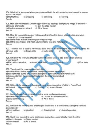 Power Point MCQ Questions and Answers (MS PowerPoint) | PDF