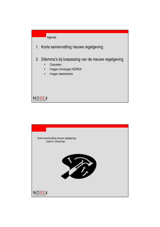 de beroepsorganisatie van IT-auditors
Agenda
1. Korte samenvatting nieuwe regelgeving
2. Dilemma’s bij toepassing van de nieuwe regelgeving
• Casussen
• Vragen ontvangen NOREA
• Vragen deelnemers
de beroepsorganisatie van IT-auditors
Korte samenvatting nieuwe regelgeving
(werk in uitvoering)
 