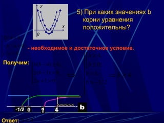 5) При каких значениях b
                                корни уравнения
                                положительны?
 D / 4 > 0,
 
− b / a < 0, - необходимое и достаточное условие.
c / a > 0.
                               b ≥ 4,
Получим: b(b − 4) ≥ 0,        
                               b ≤ 0;
                               
         2(b − 1) > 0,   ⇔    b > 1,     ⇒ b ≥ 4.
         2 a + 1 > 0          b > −1 / 2
         
                               
                               
                               



Ответ: b ≥ 4.
 
