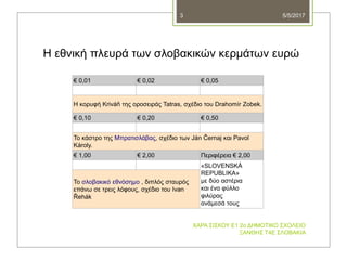 Η εθνική πλευρά των σλοβακικών κερμάτων ευρώ
€ 0,01 € 0,02 € 0,05
Η κορυφή Kriváň της οροσειράς Tatras, σχέδιο του Drahomír Zobek.
€ 0,10 € 0,20 € 0,50
Το κάστρο της Μπρατισλάβας, σχέδιο των Ján Černaj και Pavol
Károly.
€ 1,00 € 2,00 Περιφέρεια € 2,00
«SLOVENSKÁ
REPUBLIKA»
με δύο αστέρια
και ένα φύλλο
φιλύρας
ανάμεσά τους
Το σλοβακικό εθνόσημο , διπλός σταυρός
επάνω σε τρεις λόφους, σχέδιο του Ivan
Řehák
5/5/2017
ΧΑΡΑ ΣΙΣΚΟΥ Ε1 2ο ΔΗΜΟΤΙΚΟ ΣΧΟΛΕΙΟ
ΞΑΝΘΗΣ Τ4Ε ΣΛΟΒΑΚΙΑ
3
 
