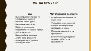 МЕТОД ПРОЄКТУ
Цілі
• Вміння приймати групові та
індивідуальні рішення
• Робота в малих групах
• Вирішення конфліктів
• Ведення переговорів
• Представлення власної позиції
• Добре вислухати
• Вміння робити висновки
• Аналіз своєї діяльності
• Індивідуальна та групова
відповідальність
ЧОГО можемо досягнути
• Активізувати зацікавленість
інших учнів
• Формувати певні вміння та
навички через практичне
застосування знань
• Мотивувати активність та
креативність
• Враховувати індивідуальні
потреби, здібності та
зацікавлення
 