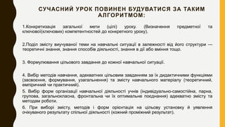 СУЧАСНИЙ УРОК ПОВИНЕН БУДУВАТИСЯ ЗА ТАКИМ
АЛГОРИТМОМ:
1.Конкретизація загальної мети (цілі) уроку. (Визначення предметної та
ключової(ключових) компетентностей до конкретного уроку).
2.Поділ змісту виучуваної теми на навчальні ситуації в залежності від його структури —
теоретичні знання, знання способів діяльності, знання в дії або вміння тощо.
3. Формулювання цільового завдання до кожної навчальної ситуації.
4. Вибір методів навчання, адекватних цільовим завданням за їх дидактичними функціями
(засвоєння, формування, узагальнення) та змісту навчального матеріалу (теоретичний,
емпіричний чи практичний).
5. Вибір форм організації навчальної діяльності учнів (індивідуально-самостійна, парна,
групова, загальнокласна, фронтальна чи їх оптимальне поєднання) адекватно змісту та
методам роботи.
6. При виборі змісту, методів і форм орієнтація на цільову установку й уявлення
очікуваного результату спільної діяльності (кожний проміжний результат).
 