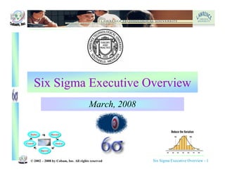 Six Sigma Executive Overview
                                           March, 2008


    Define             Measure


Control                   Analyze


             Improve



    © 2002 – 2008 by Cobam, Inc. All rights reserved     Six Sigma Executive Overview - 1
 