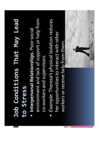 Job Conditions That May Lead
to Stress
 Interpersonal Relationships. Poor social
 environment and lack of support or help from
 co-workers and supervisors.
 Example: Theresa’s physical isolation reduces
 her opportunities to interact with other
 workers or receive help from them.
 