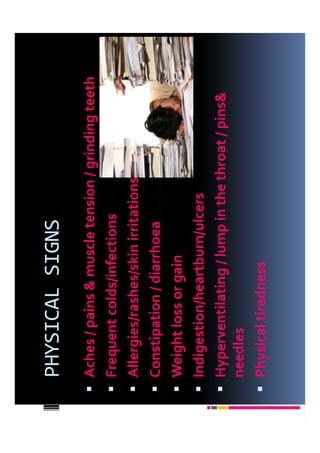 PHYSICAL SIGNS
Aches / pains & muscle tension / grinding teeth
Frequent colds/infections
Allergies/rashes/skin irritations
Constipation / diarrhoea
Weight loss or gain
Indigestion/heartburn/ulcers
Hyperventilating / lump in the throat / pins&
needles
Physical tiredness
 