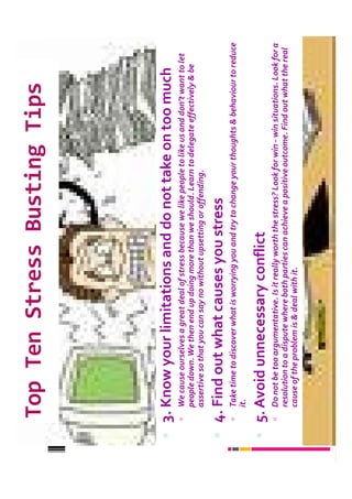 Top Ten Stress Busting Tips




3. Know your limitations and do not take on too much
  We cause ourselves a great deal of stress because we like people to like us and don’t want to let
  people down. We then end up doing more than we should. Learn to delegate effectively & be
  assertive so that you can say no without upsetting or offending.

4. Find out what causes you stress
  Take time to discover what is worrying you and try to change your thoughts & behaviour to reduce
  it.

5. Avoid unnecessary conflict
  Do not be too argumentative. Is it really worth the stress? Look for win - win situations. Look for a
  resolution to a dispute where both parties can achieve a positive outcome. Find out what the real
  cause of the problem is & deal with it.
 