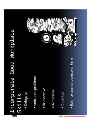 Incorporate Good Workplace
Skills
 • Delegate

 • Anticipate problems

 • Be assertive

 • Be decisive

 • Organize

 • Balance work and personal time
 