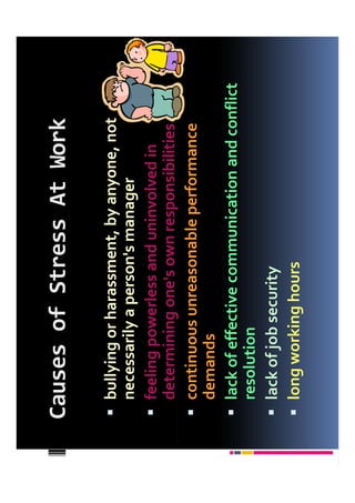 Causes of Stress At Work

 bullying or harassment, by anyone, not
 necessarily a person's manager
 feeling powerless and uninvolved in
 determining one's own responsibilities
 continuous unreasonable performance
 demands
 lack of effective communication and conflict
 resolution
 lack of job security
 long working hours
 