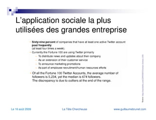 L’application sociale la plus utilisées des grandes entreprise Source:  http://mashable.com/2009/08/03/twitter-fortune-100/   