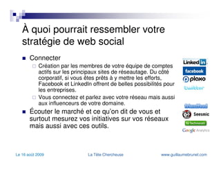 * INVOLVE - listen to, live the social web, understand it, this cannot be faked * CREATE - make relevant content for communities of interest * DISCUSS - no conversation around it, then the content may as well not exist * PROMOTE - actively, respectfully, promote the content with the networks * MEASURE - monitor, iteratively develop and respond or be damned!  