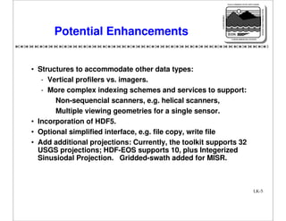 NASA'S MISSION TO PLANET EARTH

EARTH PROBES

DATA INFORMATION SYSTEM

Potential Enhancements

EOS
EARTH OBSERVING SYSTEM

• Structures to accommodate other data types:
- Vertical profilers vs. imagers.
- More complex indexing schemes and services to support:
Non-sequencial scanners, e.g. helical scanners,
Multiple viewing geometries for a single sensor.
• Incorporation of HDF5.
• Optional simplified interface, e.g. file copy, write file
• Add additional projections: Currently, the toolkit supports 32
USGS projections; HDF-EOS supports 10, plus Integerized
Sinusiodal Projection. Gridded-swath added for MISR.

LK-5

 