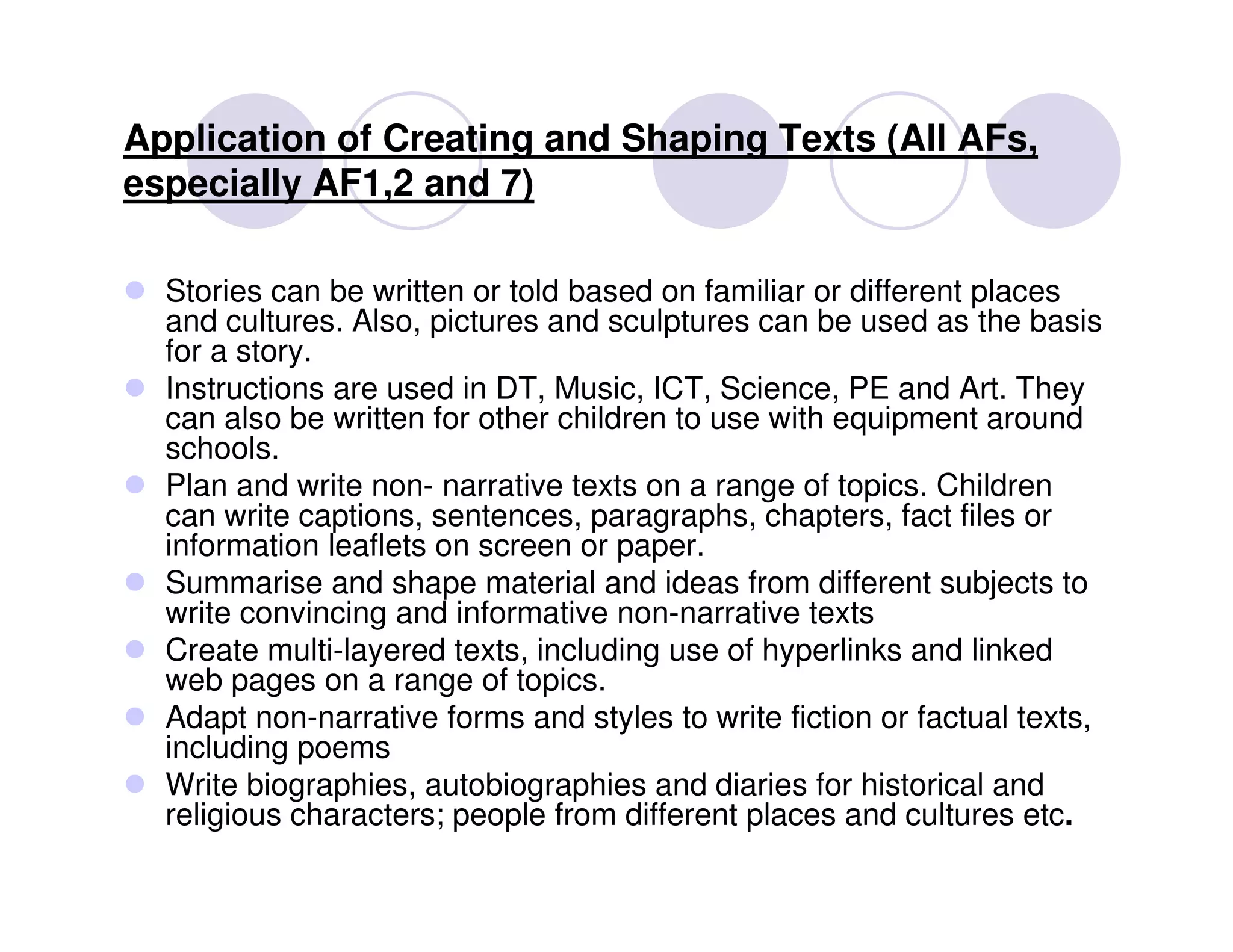 Application of Creating and Shaping Texts (All AFs,
especially AF1,2 and 7)

  Stories can be written or told based on familiar or different places
  and cultures. Also, pictures and sculptures can be used as the basis
  for a story.
  Instructions are used in DT, Music, ICT, Science, PE and Art. They
  can also be written for other children to use with equipment around
  schools.
  Plan and write non- narrative texts on a range of topics. Children
  can write captions, sentences, paragraphs, chapters, fact files or
  information leaflets on screen or paper.
  Summarise and shape material and ideas from different subjects to
  write convincing and informative non-narrative texts
  Create multi-layered texts, including use of hyperlinks and linked
  web pages on a range of topics.
  Adapt non-narrative forms and styles to write fiction or factual texts,
  including poems
  Write biographies, autobiographies and diaries for historical and
  religious characters; people from different places and cultures etc.
 