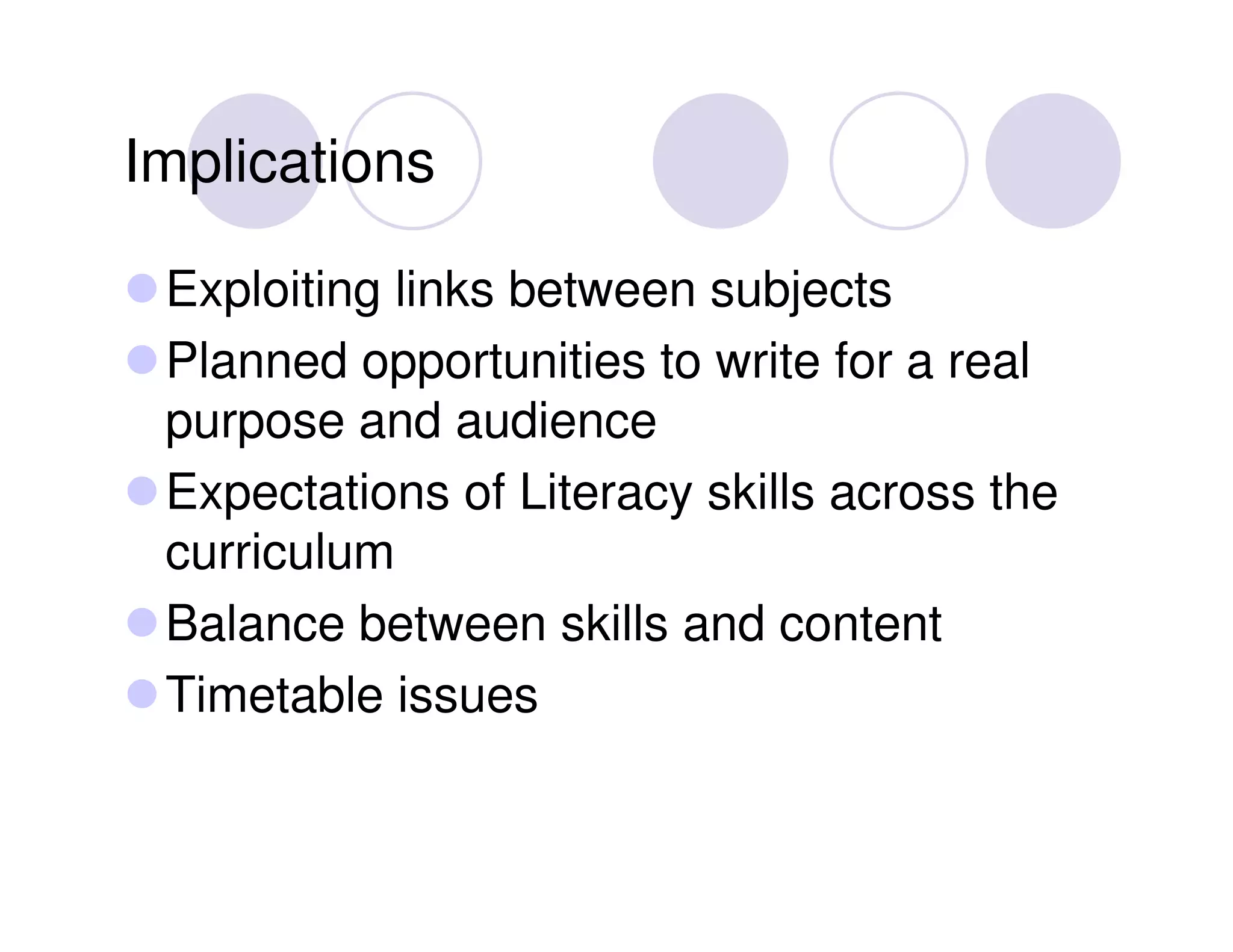Implications

 Exploiting links between subjects
 Planned opportunities to write for a real
 purpose and audience
 Expectations of Literacy skills across the
 curriculum
 Balance between skills and content
 Timetable issues
 