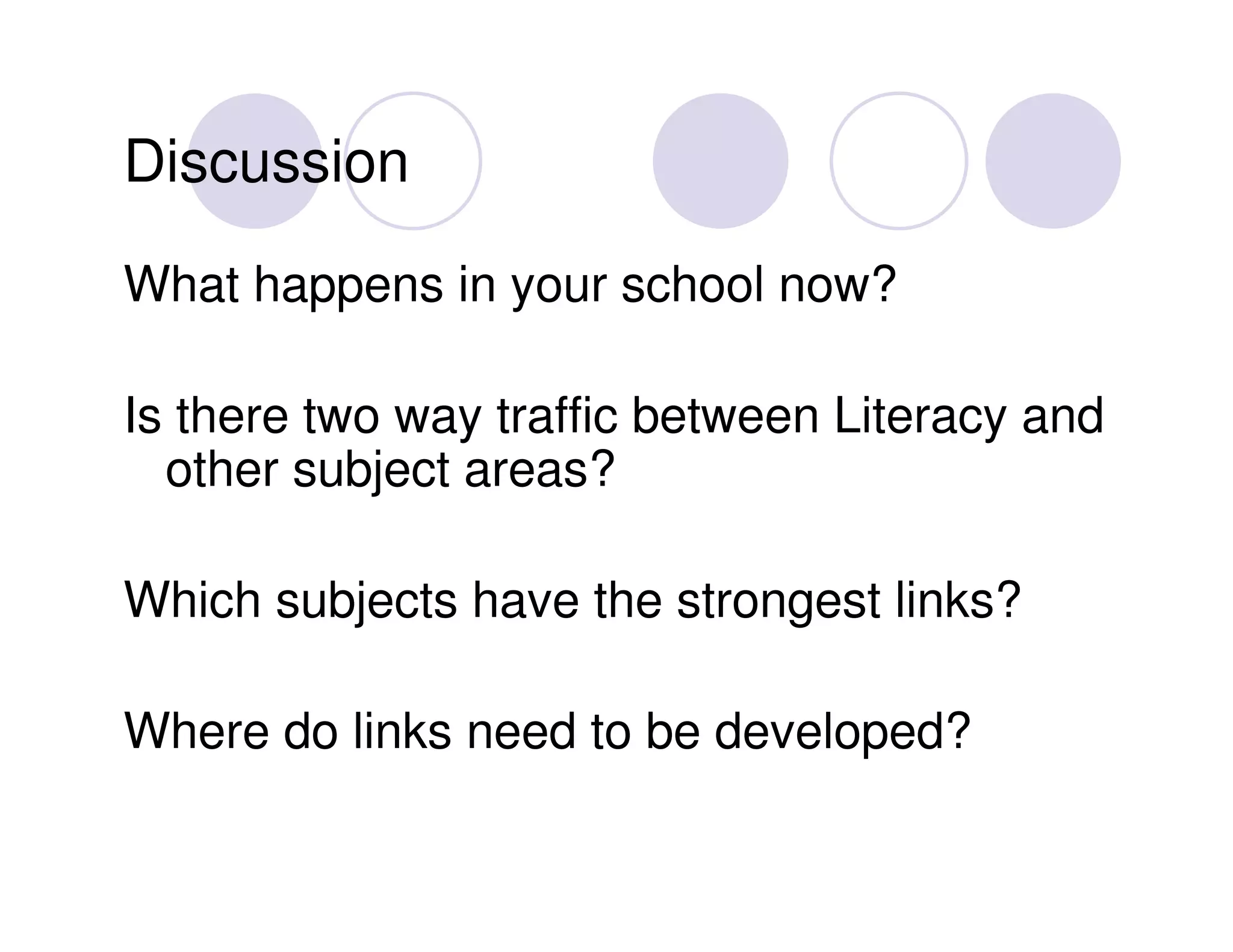 Discussion

What happens in your school now?

Is there two way traffic between Literacy and
  other subject areas?

Which subjects have the strongest links?

Where do links need to be developed?
 