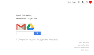 Search Functionality  
for Gmail and Google Drive
A Competitor Product Analysis For Microsoft
Mei Jen Chen 
Nichole Fernkes 
Sindhuja Narasimhan 
Scott Taylor
 