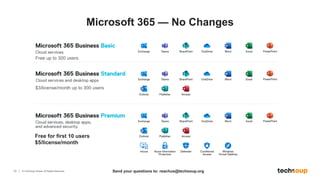 13 © TechSoup Global. All Rights Reserved.
Free up to 300 users
$3/license/month up to 300 users
Free for first 10 users
$5/license/month
Microsoft 365 — No Changes
Send your questions to: reachus@techsoup.org
 