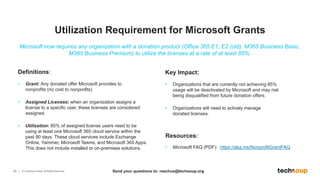 20 © TechSoup Global. All Rights Reserved.
Definitions:
• Grant: Any donated offer Microsoft provides to
nonprofits (no cost to nonprofits)
• Assigned Licenses: when an organization assigns a
license to a specific user, these licenses are considered
assigned.
• Utilization: 85% of assigned license users need to be
using at least one Microsoft 365 cloud service within the
past 90 days. These cloud services include Exchange
Online, Yammer, Microsoft Teams, and Microsoft 365 Apps.
This does not include installed or on-premises solutions.
Resources:
• Microsoft FAQ (PDF): https://aka.ms/NonprofitGrantFAQ
Microsoft now requires any organization with a donation product (Office 365 E1, E2 (old), M365 Business Basic,
M365 Business Premium) to utilize the licenses at a rate of at least 85%.
Key Impact:​
• Organizations that are currently not achieving 85%
usage will be deactivated by Microsoft and may risk
being disqualified from future donation offers​.
• Organizations will need to actively manage
donated licenses.
Utilization Requirement for Microsoft Grants
Send your questions to: reachus@techsoup.org
 