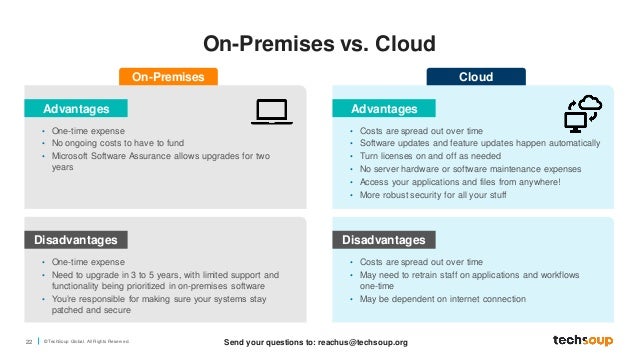 22 © TechSoup Global. All Rights Reserv ed.
On-Premises vs. Cloud
Advantages
• One-time expense
• No ongoing costs to have to fund
• Microsoft Software Assurance allows upgrades for two
years
On-Premises
Disadvantages
• One-time expense
• Need to upgrade in 3 to 5 years, with limited support and
functionality being prioritized in on-premises software
• You’re responsible for making sure your systems stay
patched and secure
Advantages
• Costs are spread out over time
• Software updates and feature updates happen automatically
• Turn licenses on and off as needed
• No server hardware or software maintenance expenses
• Access your applications and files from anywhere!
• More robust security for all your stuff
Cloud
Disadvantages
• Costs are spread out over time
• May need to retrain staff on applications and workflows
one-time
• May be dependent on internet connection
Send your questions to: reachus@techsoup.org
 