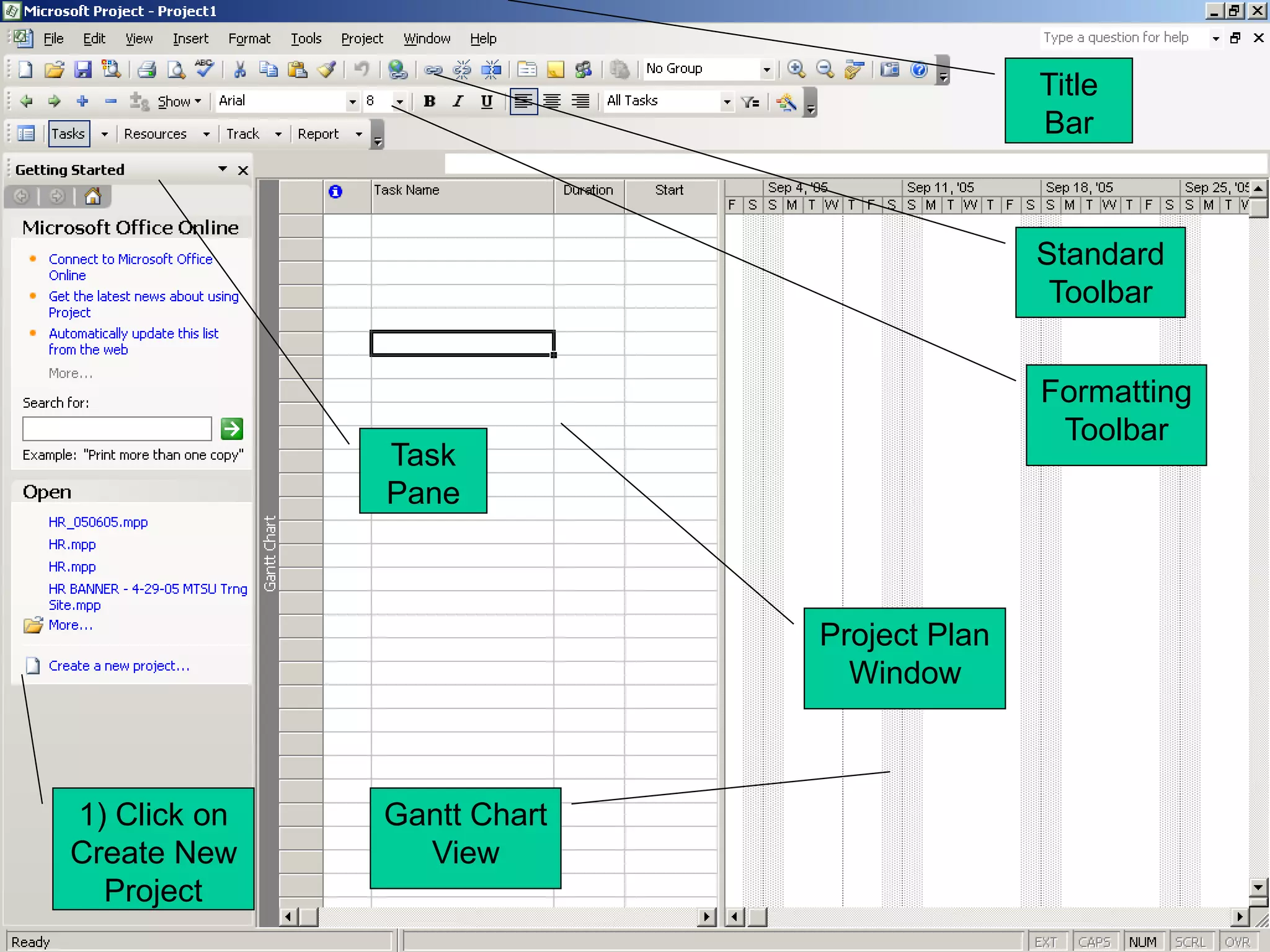 Title
                                           Bar



                                           Standard
                                            Toolbar


                                           Formatting
                                            Toolbar
              Task
              Pane



                            Project Plan
                              Window



1) Click on   Gantt Chart
Create New      View
  Project
 