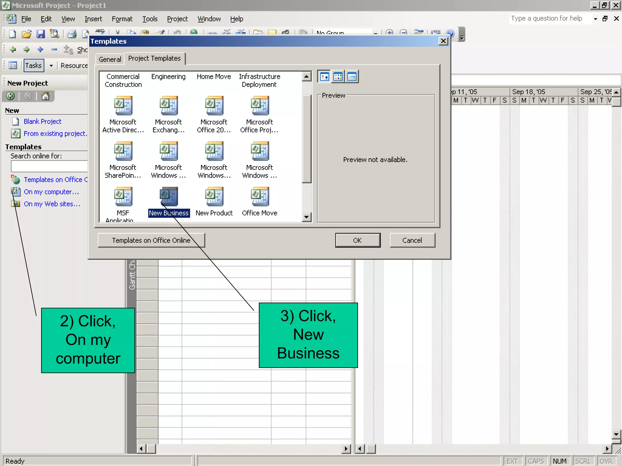 2) Click,   3) Click,
  On my        New
computer     Business
 