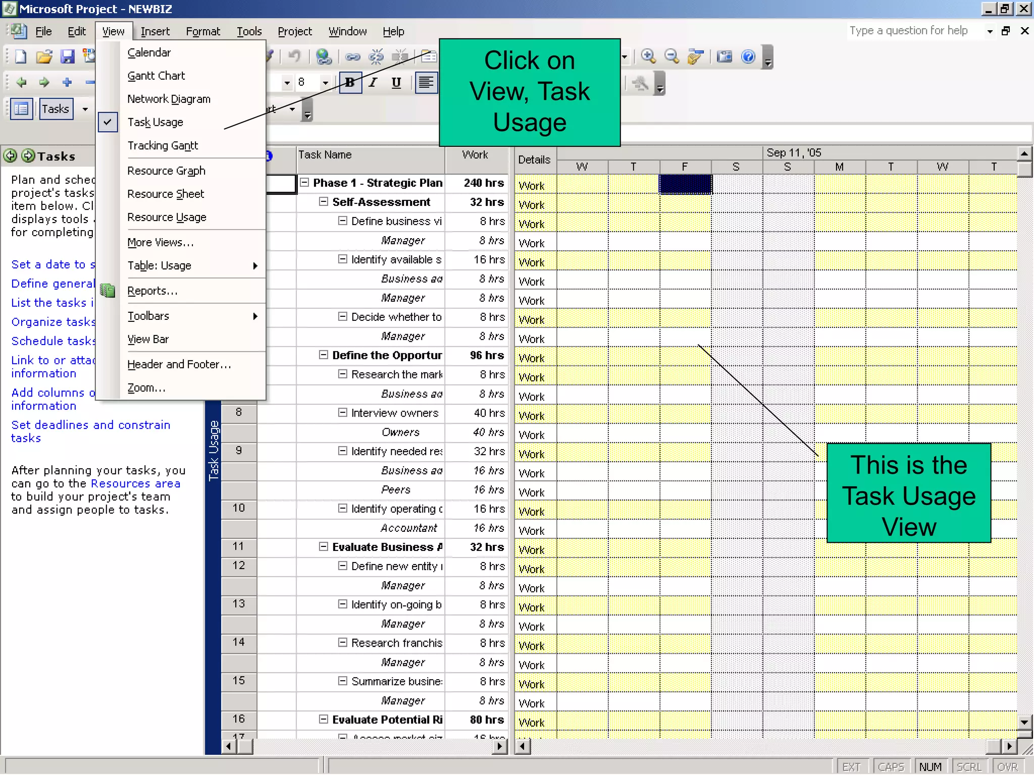 Click on
View, Task
  Usage




              This is the
             Task Usage
                View
 