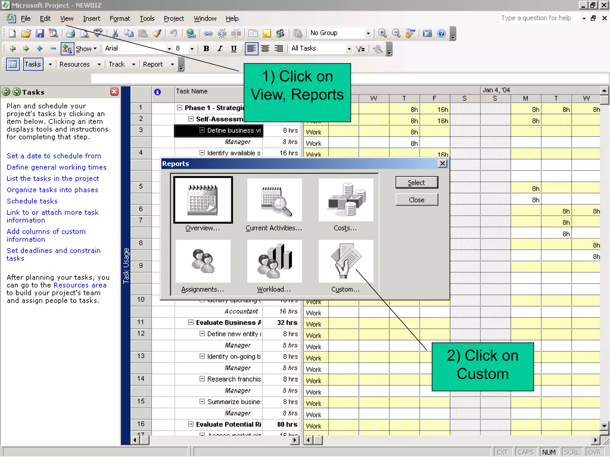 1) Click on
View, Reports




                2) Click on
                 Custom
 