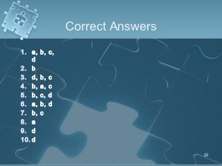 Correct Answers
1. a,   b, c,
    d
2. b
3. d,   b,   c
4. b,   a,   c
5. b,   c,   d
6. a,   b,   d
7. b,   c
8. a
9. d
10. d

                                   22
 