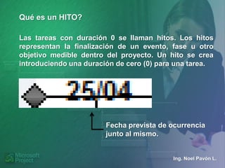 Qué es un HITO?

Las tareas con duración 0 se llaman hitos. Los hitos
representan la finalización de un evento, fase u otro
objetivo medible dentro del proyecto. Un hito se crea
introduciendo una duración de cero (0) para una tarea.




                        Fecha prevista de ocurrencia
                        junto al mismo.


                                           Ing. Noel Pavón L.
 