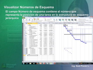 Visualizar Números de Esquema
El campo Número de esquema contiene el número que
representa la posición de una tarea en la estructura de esquema
jerárquica




                                                  Ing. Noel Pavón L.
 