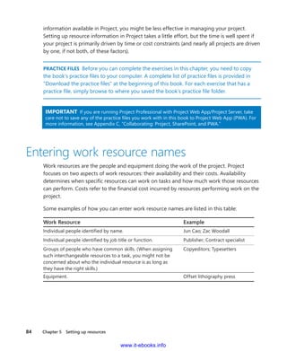 84    Chapter 5  Setting up resources
­information available in Project, you might be less effective in managing your project.
Setting up resource information in Project takes a little effort, but the time is well spent if
your project is primarily driven by time or cost constraints (and nearly all projects are driven
by one, if not both, of these factors).
PRACTICE FILES  Before you can complete the exercises in this chapter, you need to copy
the book’s practice files to your computer. A complete list of practice files is provided in
“Download the practice files” at the beginning of this book. For each exercise that has a
practice file, simply browse to where you saved the book’s practice file folder.
IMPORTANT  If you are running Project Professional with Project Web App/Project Server, take
care not to save any of the practice files you work with in this book to Project Web App (PWA). For
more information, see Appendix C, “Collaborating: Project, SharePoint, and PWA.”
Entering work resource names
Work resources are the people and equipment doing the work of the project. Project
­focuses on two aspects of work resources: their availability and their costs. Availability
­determines when specific resources can work on tasks and how much work those resources
can perform. Costs refer to the financial cost incurred by resources performing work on the
project.
Some examples of how you can enter work resource names are listed in this table:
Work Resource Example
Individual people identified by name. Jun Cao; Zac Woodall
Individual people identified by job title or function. Publisher; Contract specialist
Groups of people who have common skills. (When assigning
such interchangeable resources to a task, you might not be
concerned about who the individual resource is as long as
they have the right skills.)
Copyeditors; Typesetters
Equipment. Offset lithography press
www.it-ebooks.info
 