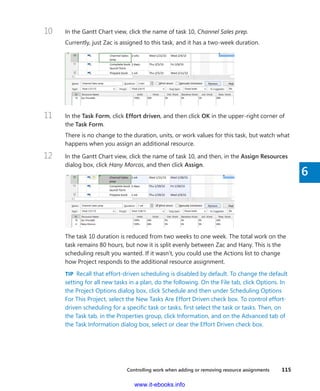 Controlling work when adding or removing resource assignments    115
6
10	 In the Gantt Chart view, click the name of task 10, Channel Sales prep.
Currently, just Zac is assigned to this task, and it has a two-week duration.
11	 In the Task Form, click Effort driven, and then click OK in the upper-right corner of
the Task Form.
There is no change to the duration, units, or work values for this task, but watch what
happens when you assign an additional resource.
12	 In the Gantt Chart view, click the name of task 10, and then, in the Assign Resources
dialog box, click Hany Morcos, and then click Assign.
The task 10 duration is reduced from two weeks to one week. The total work on the
task remains 80 hours, but now it is split evenly between Zac and Hany. This is the
scheduling result you wanted. If it wasn’t, you could use the Actions list to change
how Project responds to the additional resource assignment.
TIP  Recall that effort-driven scheduling is disabled by default. To change the default
setting for all new tasks in a plan, do the following. On the File tab, click Options. In
the Project Options dialog box, click Schedule and then under Scheduling Options
For This Project, select the New Tasks Are Effort Driven check box. To control effort-
driven scheduling for a specific task or tasks, first select the task or tasks. Then, on
the Task tab, in the Properties group, click Information, and on the Advanced tab of
the Task Information dialog box, select or clear the Effort Driven check box.
www.it-ebooks.info
 