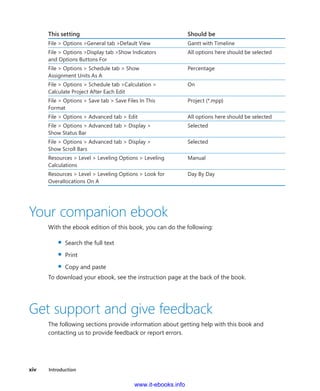 xiv    Introduction
This setting Should be
File > Options >General tab >Default View Gantt with Timeline
File > Options >Display tab >Show Indicators
and Options Buttons For
All options here should be selected
File > Options > Schedule tab > Show
Assignment Units As A
Percentage
File > Options > Schedule tab >Calculation >
Calculate Project After Each Edit
On
File > Options > Save tab > Save Files In This
Format
Project (*.mpp)
File > Options > Advanced tab > Edit All options here should be selected
File > Options > Advanced tab > Display >
Show Status Bar
Selected
File > Options > Advanced tab > Display >
Show Scroll Bars
Selected
Resources > Level > Leveling Options > Leveling
Calculations
Manual
Resources > Level > Leveling Options > Look for
Overallocations On A
Day By Day
Your companion ebook
With the ebook edition of this book, you can do the following:
▪▪ Search the full text
▪▪ Print
▪▪ Copy and paste
To download your ebook, see the instruction page at the back of the book.
Get support and give feedback
The following sections provide information about getting help with this book and
­contacting us to provide feedback or report errors.
www.it-ebooks.info
 