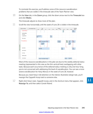 Adjusting assignments in the Team Planner view    245
11
To conclude this exercise, you’ll address some of the resource overallocation
­problems that are visible in the timescale side of the Team Planner view.
10	 On the View tab, in the Zoom group, click the down arrow next to the Timescale box
and click Weeks.
The timescale adjusts to show more of the plan.
11	 Scroll the view horizontally until the week of June 28 is visible in the timescale.
Most of the resource overallocations in the plan are due to the weekly ­editorial ­status
meeting (represented in this view as the thin vertical lines) overlapping with other
tasks. Because each occurrence of the editorial status meeting is only one hour long,
you’re not concerned with ­addressing this level of overallocation. You can see a more
severe overallocation for Hany Morcos in the week of June 28, however.
Because you need Hany’s full attention on the Interior illustration design task, you’ll
reassign the Copyedit incorp task to someone else.
12	 Right-click Hany’s task, Copyedit incorp, and in the shortcut menu that appears, click
Reassign To, and then select Carole Poland.
www.it-ebooks.info
 