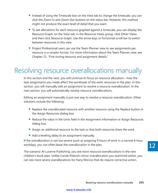 Resolving resource overallocations manually    255
12
▪▪ Instead of using the Timescale box on the View tab to change the timescale, you can
click the Zoom In and Zoom Out buttons on the status bar. However, this method
might not produce the exact level of detail that you want.
▪▪ To see allocations for each resource graphed against a timescale, you can display the
Resource Graph: on the View tab, in the Resource Views group, click Other Views
and then click Resource Graph. Use the arrow keys or horizontal scroll bar to switch
between resources in this view.
▪▪ Project Professional users can use the Team Planner view to see assignments per
resource in a simpler format. For more information about the Team Planner view, see
Chapter 11, “Fine-tuning resource and assignment details.”
Resolving resource overallocations manually
In this section and the next, you will continue to focus on resource allocation—how the
task assignments you made affect the workloads of the work resources in the plan. In this
­section, you will manually edit an assignment to resolve a resource overallocation. In the
next section, you will automatically resolve resource overallocations.
Editing an assignment manually is just one way to resolve a resource overallocation. Other
solutions include the following:
▪▪ Replace the overallocated resource with another resource using the Replace button in
the Assign Resources dialog box.
▪▪ Reduce the value in the Units field in the Assignment Information or Assign Resources
dialog box.
▪▪ Assign an additional resource to the task so that both resources share the work.
▪▪ Add a leveling delay to an assignment manually.
If the overallocation is not too severe (such as assigning 9 hours of work in a normal 8-hour
workday), you can often leave the overallocation in the plan.
The scenario: At Lucerne Publishing, you see more resource overallocations in the new
­children’s book plan. Unlike Carole Poland’s minor overallocation you examined earlier, you
can see more severe overallocations for Hany Morcos that do require corrective action.
www.it-ebooks.info
 