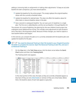 Updating a baseline    301
14
adding or removing tasks or assignments or making other adjustments. To keep an accurate
baseline for later comparison, you have several options:
▪▪ Update the baseline for the entire project  This simply replaces the original baseline
values with the currently scheduled values.
▪▪ Update the baseline for selected tasks  This does not affect the baseline values for
other tasks or resource baseline values in the plan.
▪▪ Save a second or subsequent baseline  You can save up to 11 baselines in a single
plan. The first one is called Baseline, and the rest are Baseline 1 through Baseline 10.
The scenario: At Lucerne Publishing, the planning for the new children’s book project has
undergone some additional fine-tuning. This includes some adjustments to task durations
and a new task in the Acquisition phase. Because of these changes, you need to capture a
new baseline before work begins.
In this exercise, you compare the plan as it is currently scheduled with the baseline plan and
update the baseline for the plan.
	SET UP  You need the Advanced Tracking A_Start file located in your Chapter14 practice
file folder to complete this exercise. Open the Advanced Tracking A_Start file, and save it
as Advanced Tracking A.
1	 On the View tab, in the Task Views group, click the down arrow below the Gantt
Chart button and then click Tracking Gantt.
The Tracking Gantt view appears.
In the chart portion of this view, the tasks as they are currently scheduled appear as
blue bars (if they are not critical tasks) or red bars (if they are critical tasks). Below
them, the baseline values of each task appear as gray bars.
www.it-ebooks.info
 