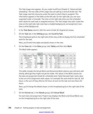306    Chapter 14  Tracking progress on tasks and assignments
The Task Usage view appears. As you might recall from Chapter 9, “Advanced task
scheduling,” the two sides of the usage view are split by a vertical divider bar. The
Task Usage view lists resources under the tasks to which they’re assigned. This
­information appears in the table on the left side. On the right side, you see rows
­organized under a timescale. The rows on the right side show you the scheduled
work values for each task or assigned resource. The Task Usage view color-codes the
rows on the right side: task rows have a shaded background, and assignment rows
have a white background.
2	 In the Task Name column, click the name of task 18, Original art review.
3	 On the Task tab, in the Editing group, click Scroll to Task.
The timephased grid on the right side of the view scrolls to display the first scheduled
work for the task.
Next, you’ll switch the table and details shown in the view.
4	 On the View tab, in the Data group, click Tables and then click Work.
The Work table appears.
This table includes the Actual Work and Remaining Work columns you will work with
shortly, although they might not yet be visible. The values in the Work column are
the task and assignment totals for scheduled work. Note that each task’s work value
is the sum of its assignment work values. For example, the work total for task 18, 164
hours, is the sum of Hany Morcos’ 82 hours of work on the task and Jane Dow’s 82
hours.
Next, you’ll change the details shown on the timephased grid on the right side of the
view.
5	 On the Format tab, in the Details group, click Actual Work.
For each task and assignment, Project now displays the Work and Actual Work rows
on the timephased grid on the right side of the view.
www.it-ebooks.info
 