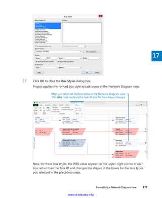 Formatting a Network Diagram view    377
17
13	 Click OK to close the Box Styles dialog box.
Project applies the revised box style to task boxes in the Network Diagram view.
After you reformat the box styles in the Network Diagram view,
the WBS code replaces the task ID and the box shape changes.
Now, for these box styles, the WBS value appears in the upper-right corner of each
box rather than the Task ID and changes the shapes of the boxes for the task types
you selected in the preceding steps.
www.it-ebooks.info
 